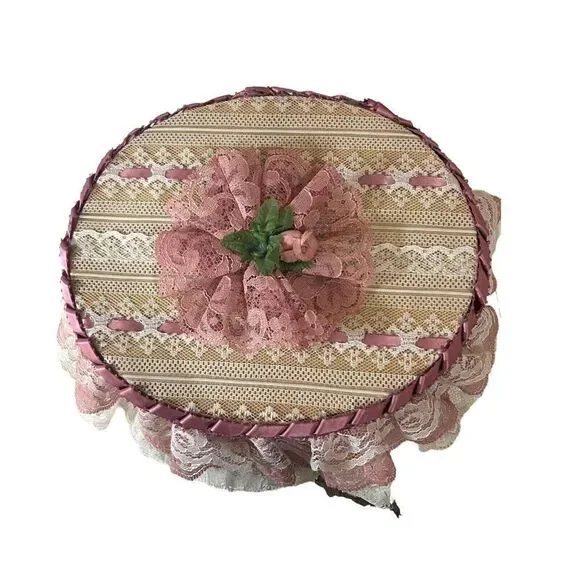 Victorian Handmade Lace Sewing Notions Trinket Box Jewelry VTG 8" Granny Core - Picture 2 of 12